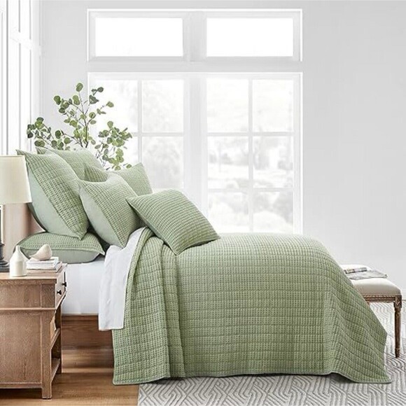Levtex Home Mills Waffle King Bedspread & 2 Shams Desert Sage Cotton Green New - Picture 3 of 4